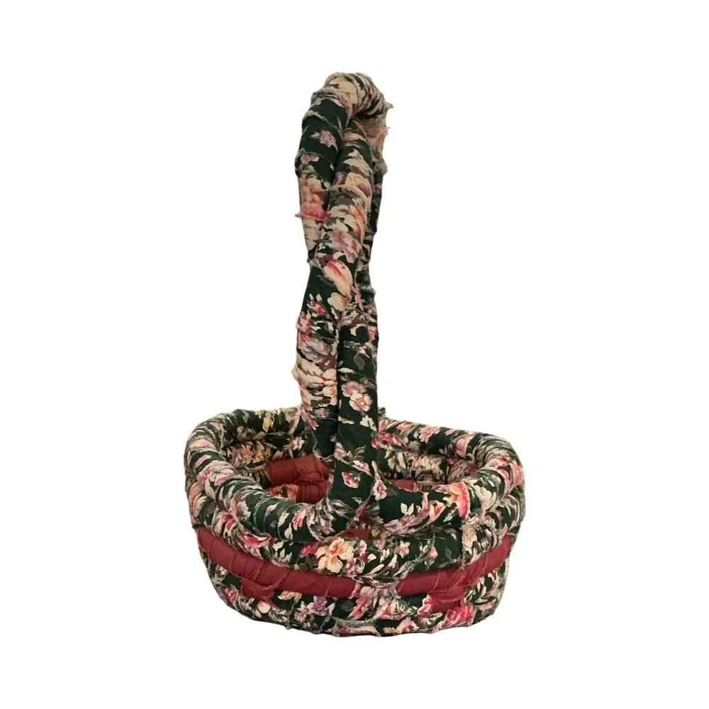 Handmade Vintage Coil Basket Twisted Floral Pink Green Burgundy‎ Cottagecore